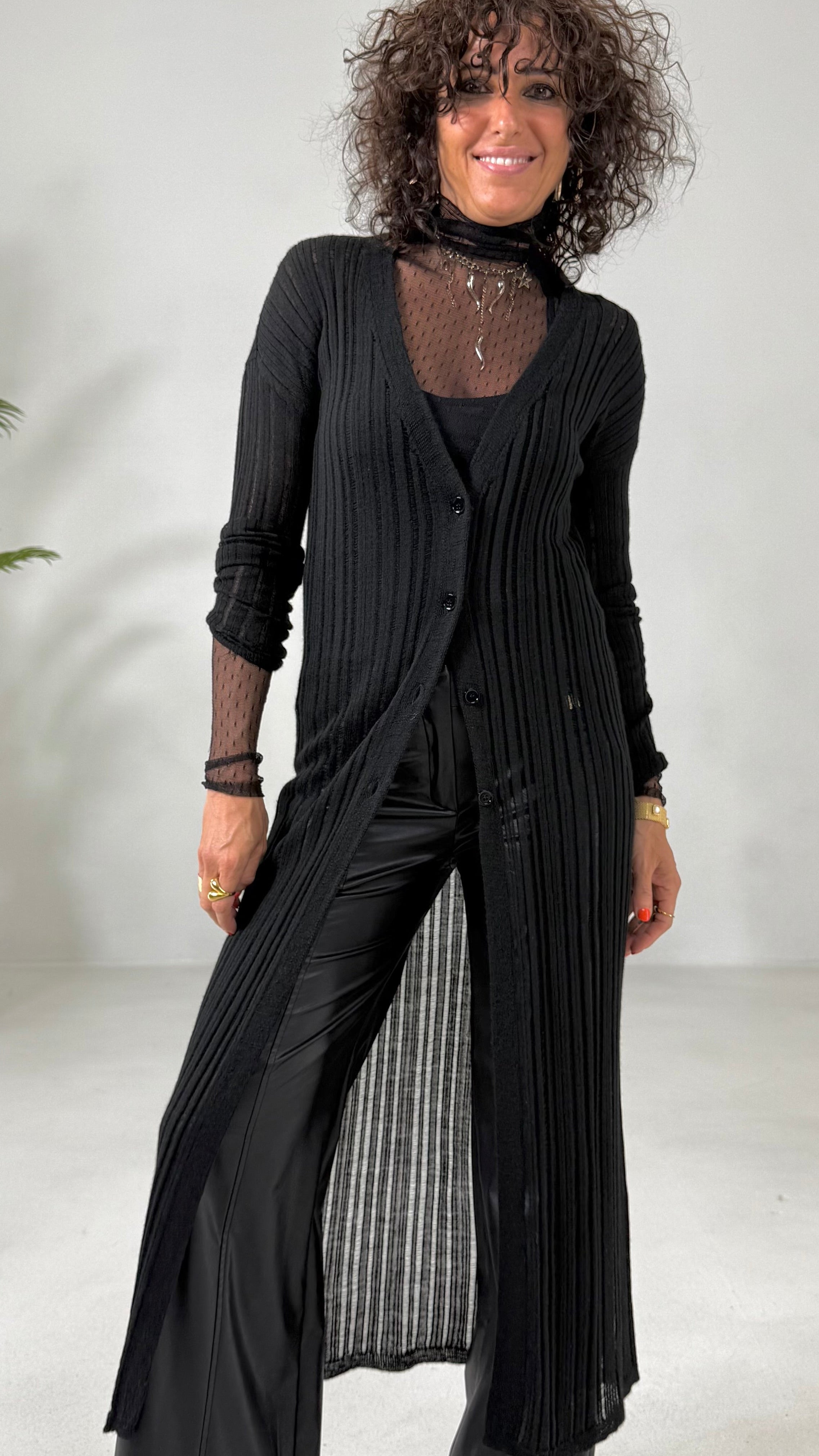 CARDIGAN LUNGO IN LANA VISCOSA PUNTO TRAFORATO