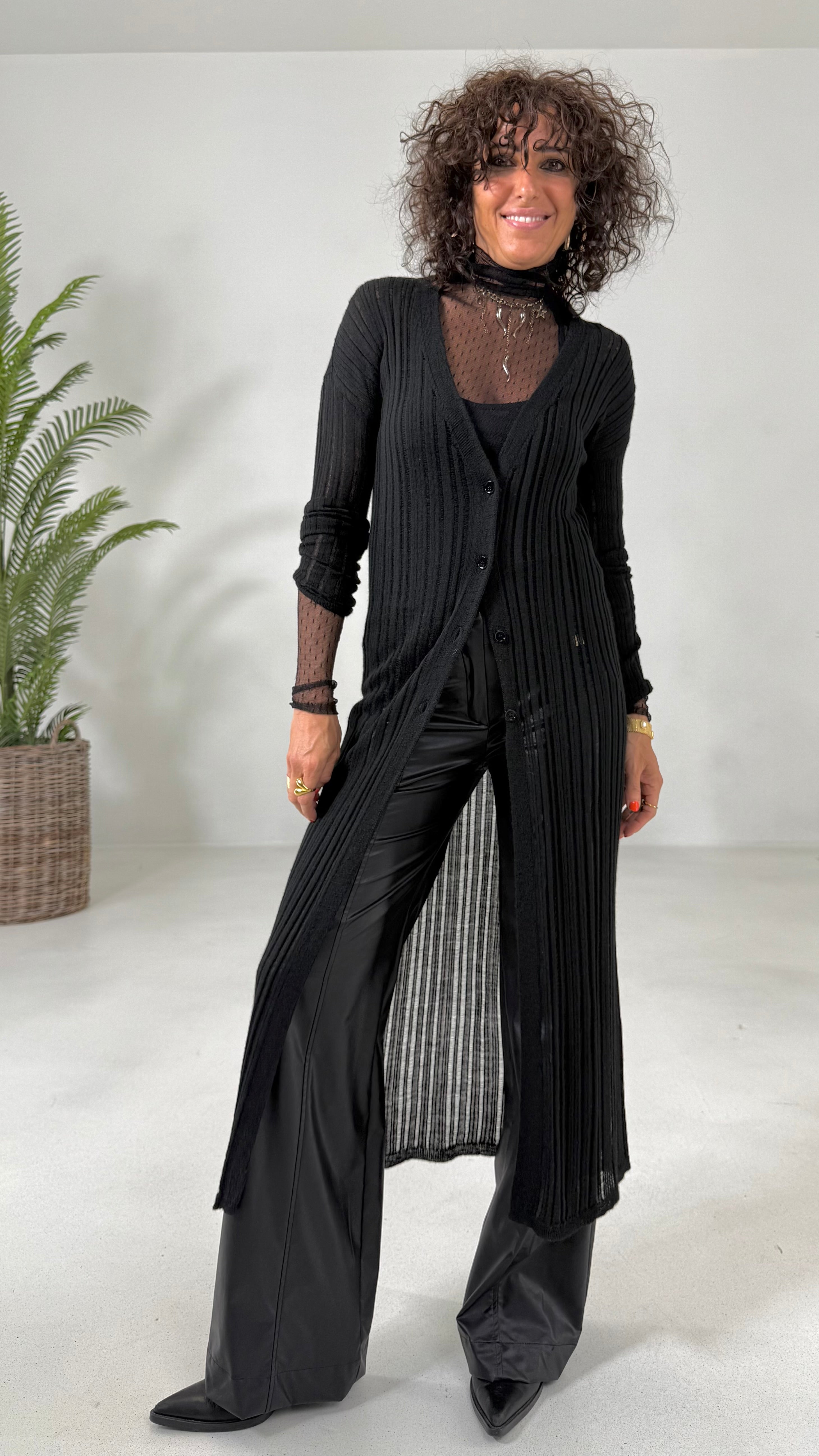 CARDIGAN LUNGO IN LANA VISCOSA PUNTO TRAFORATO
