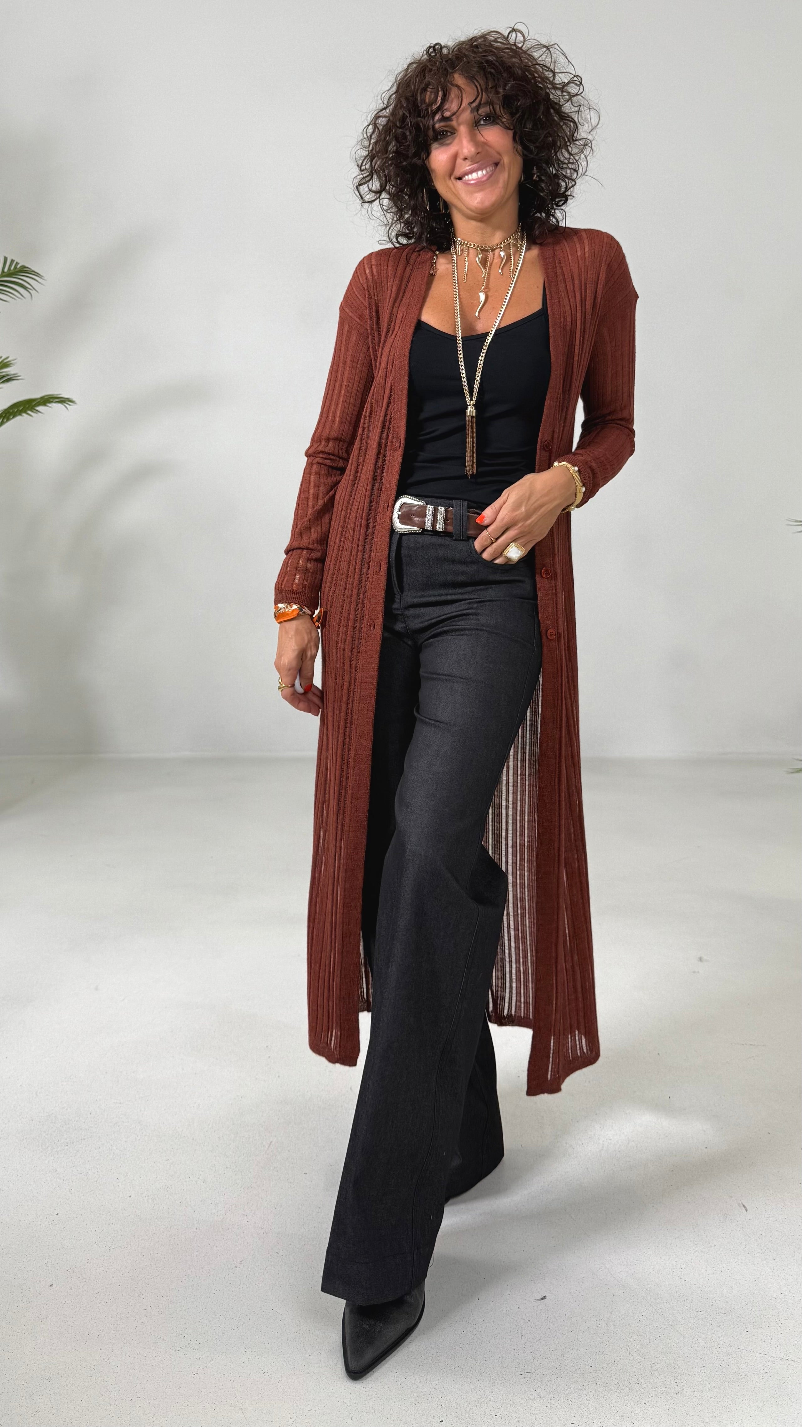 CARDIGAN LUNGO IN LANA VISCOSA PUNTO TRAFORATO