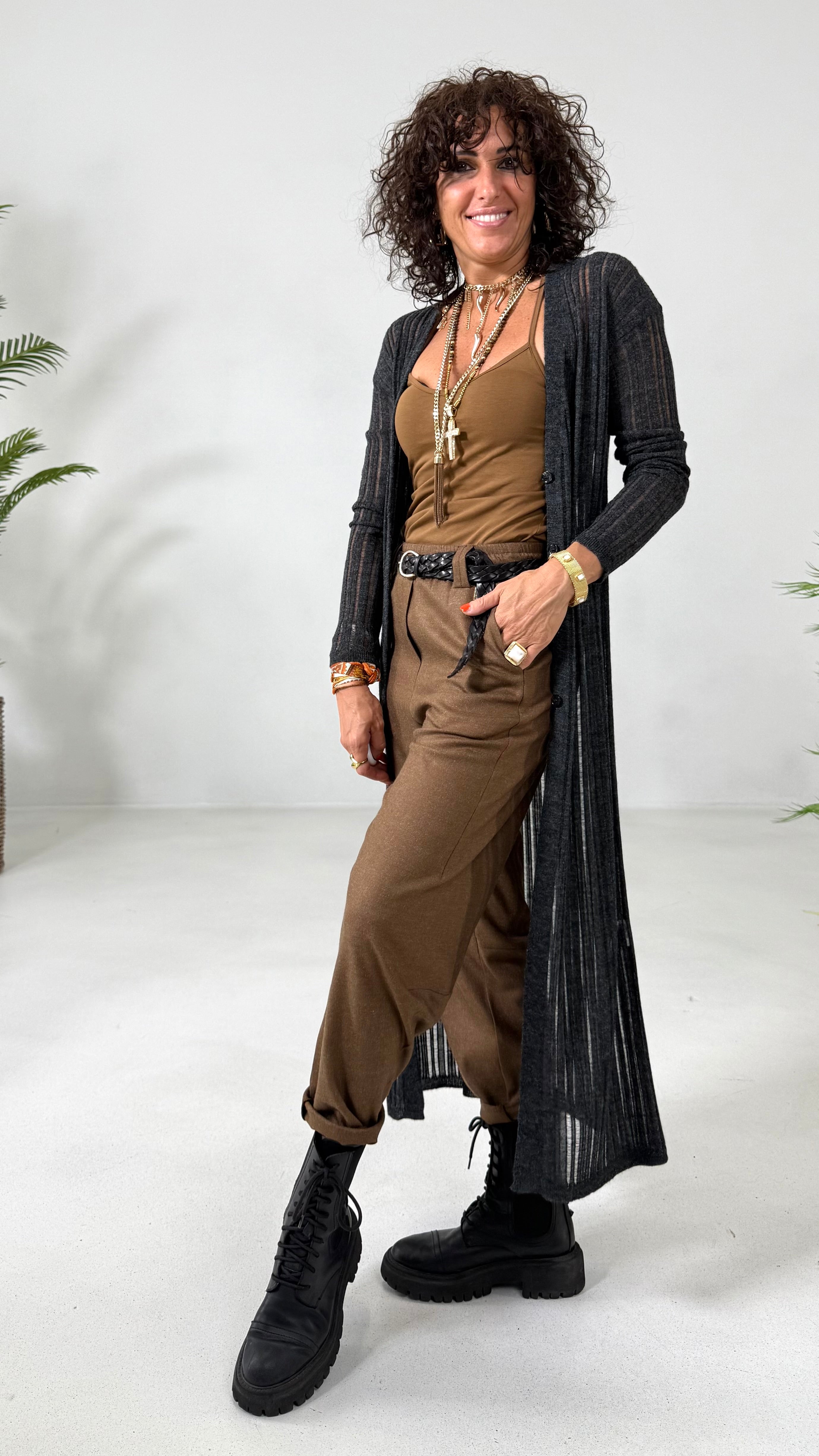 CARDIGAN LUNGO IN LANA VISCOSA PUNTO TRAFORATO