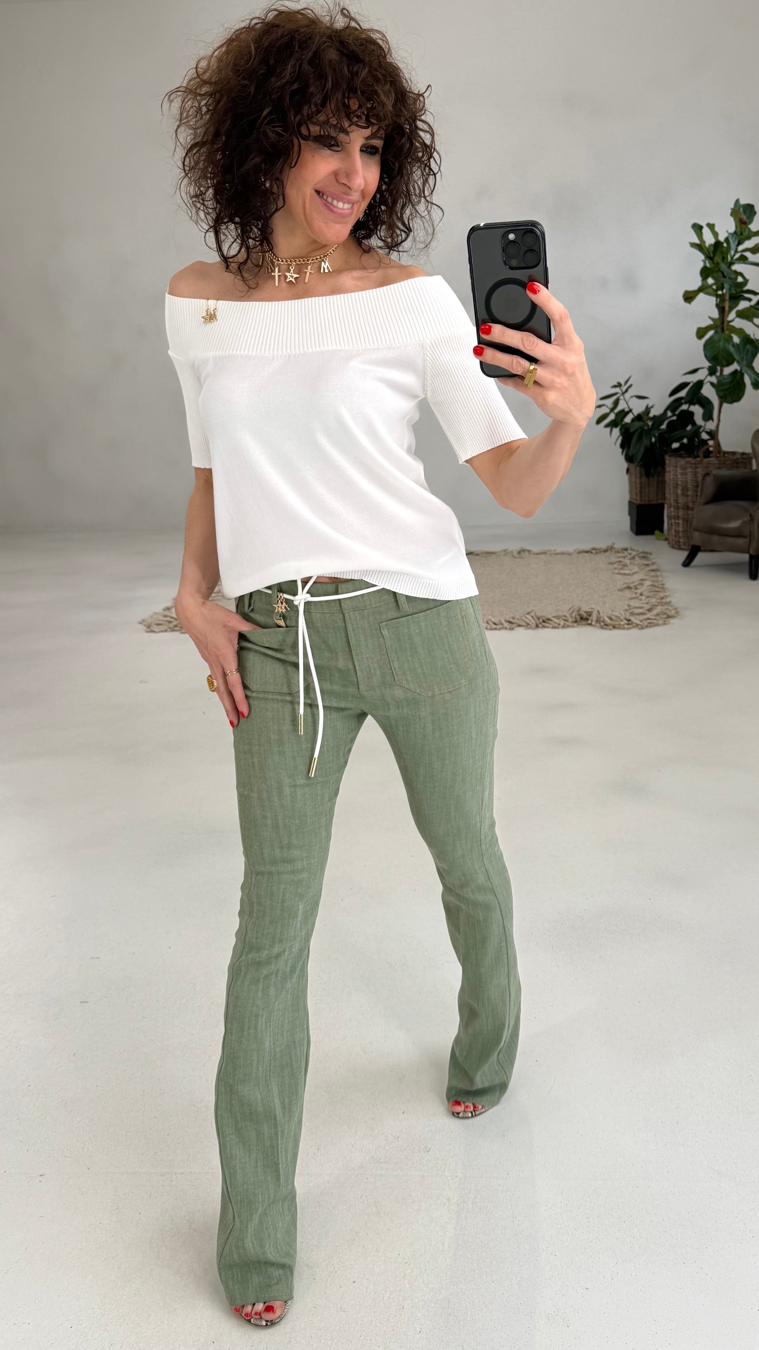 810 P25 VERDE PANTALONE ZAMPA TRAMA JEAANS ELASTICO