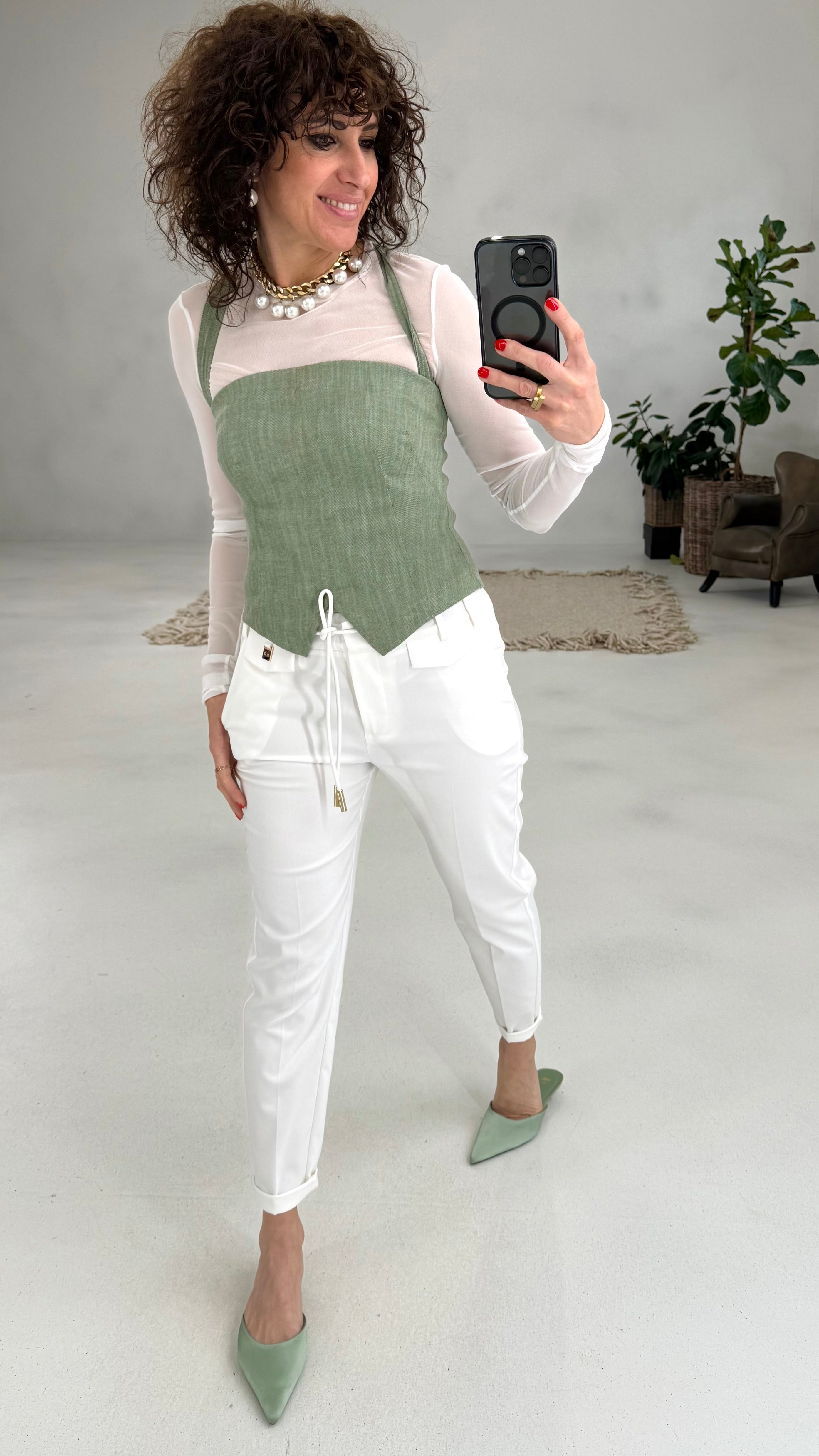 705 P25 VERDE TOP BUSTINO TRAMA JEANS CON BRETELLE STACCABILI