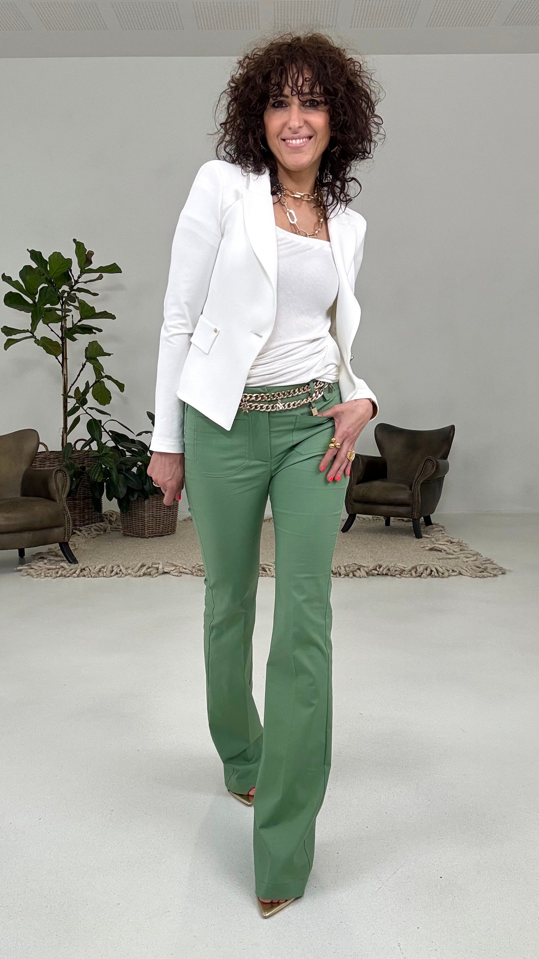 816 P25 SALVIA PANTALONE A ZAMPA IN TESSUTO TECNICO LIGHT DI COTONE