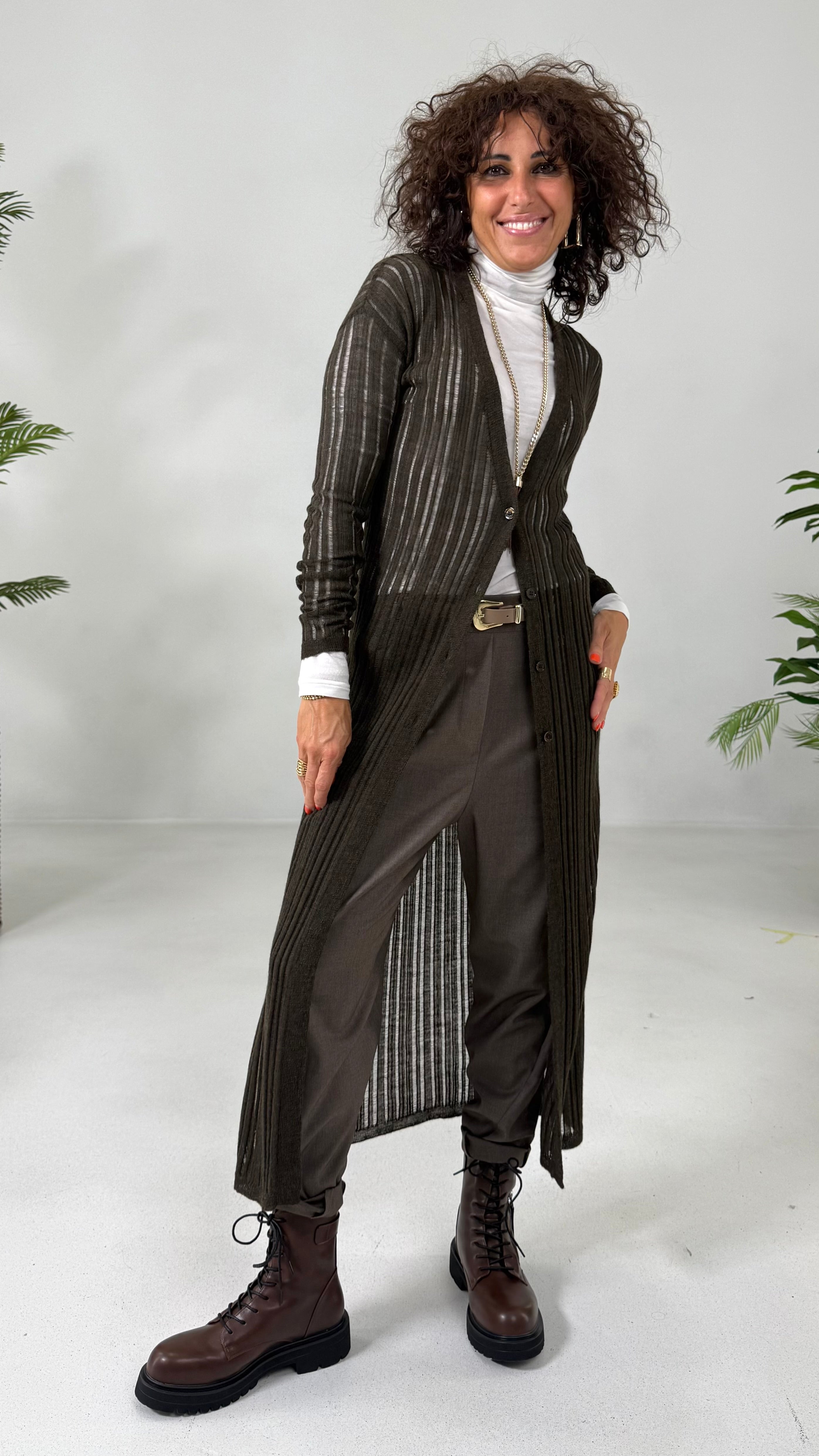 CARDIGAN LUNGO IN LANA VISCOSA PUNTO TRAFORATO