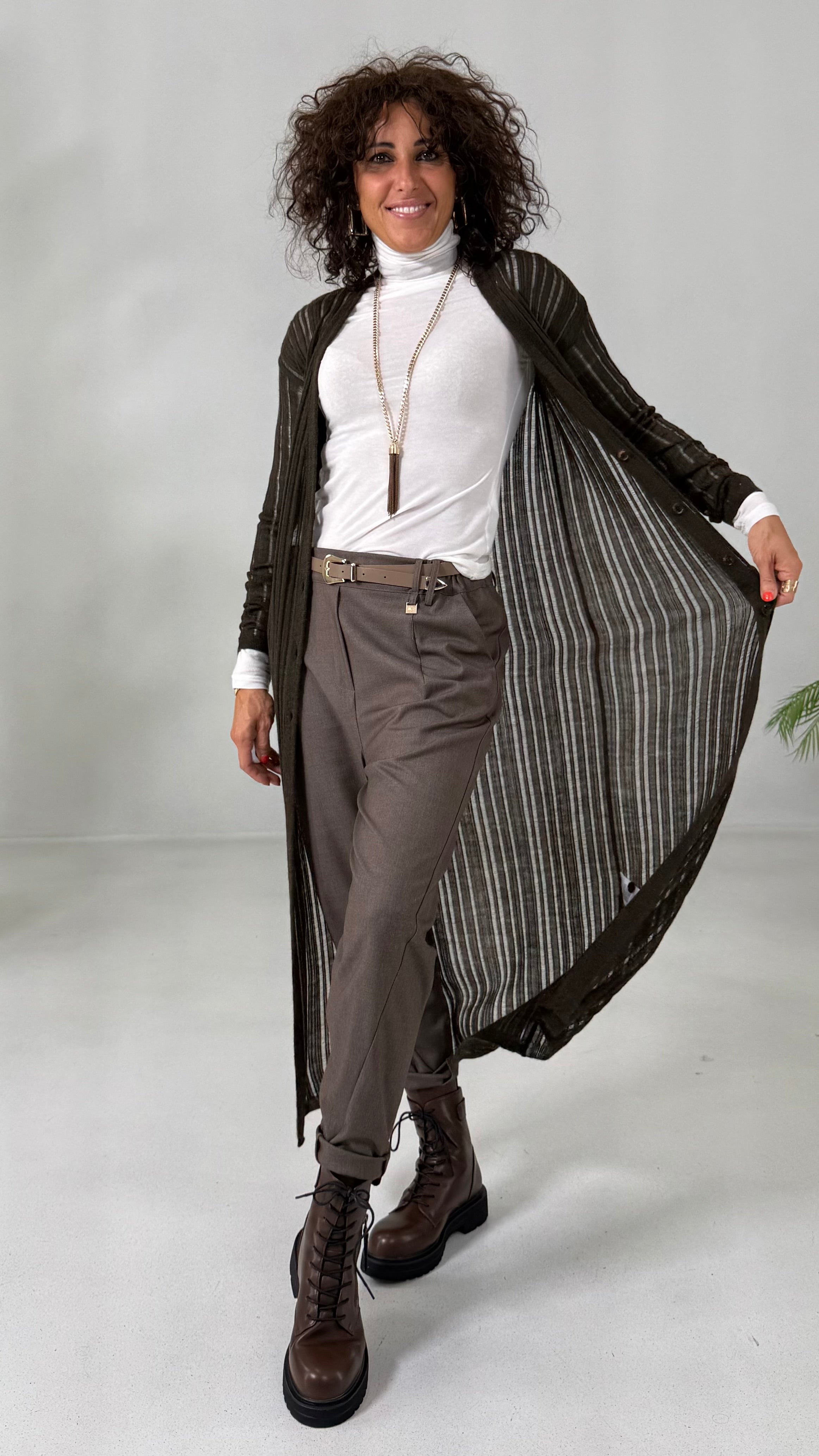 CARDIGAN LUNGO IN LANA VISCOSA PUNTO TRAFORATO
