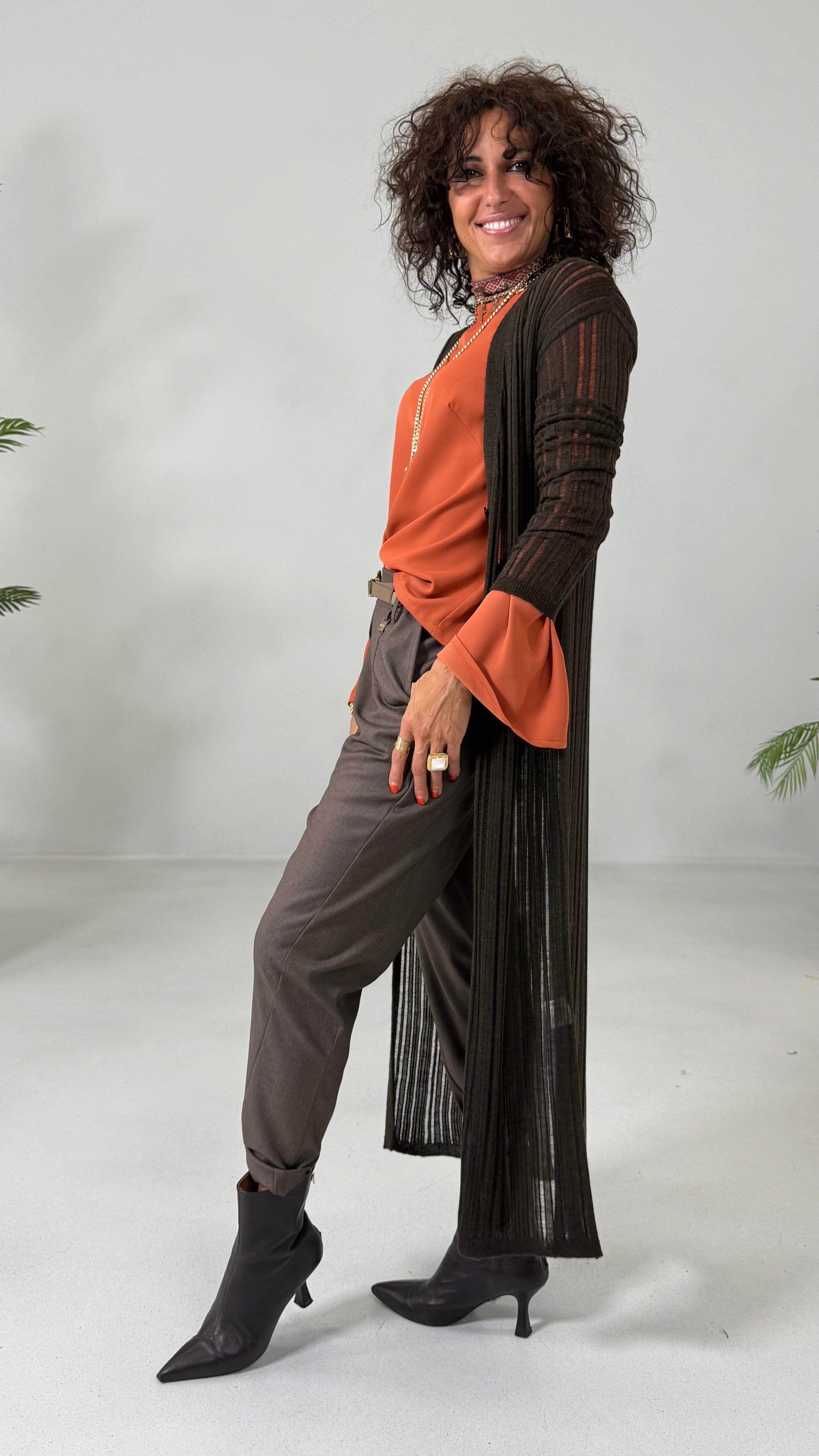 CARDIGAN LUNGO IN LANA VISCOSA PUNTO TRAFORATO