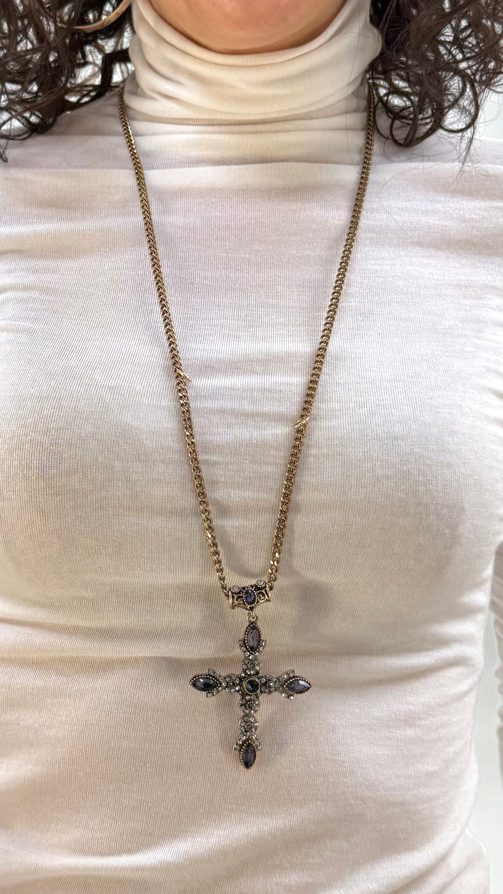 COLLANA CROCE 6 CM PIETRE GOCCIA