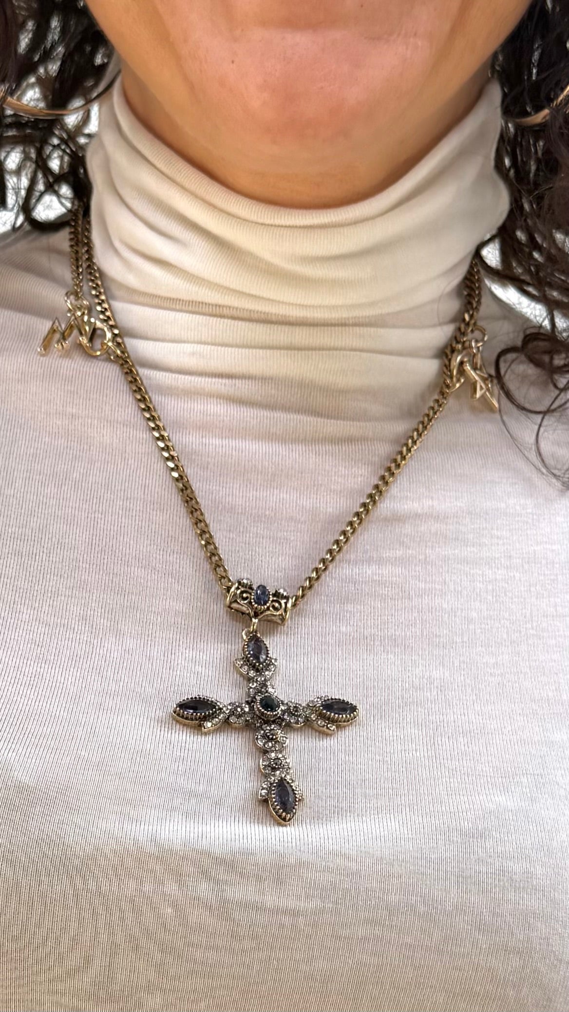 COLLANA CROCE 6 CM PIETRE GOCCIA