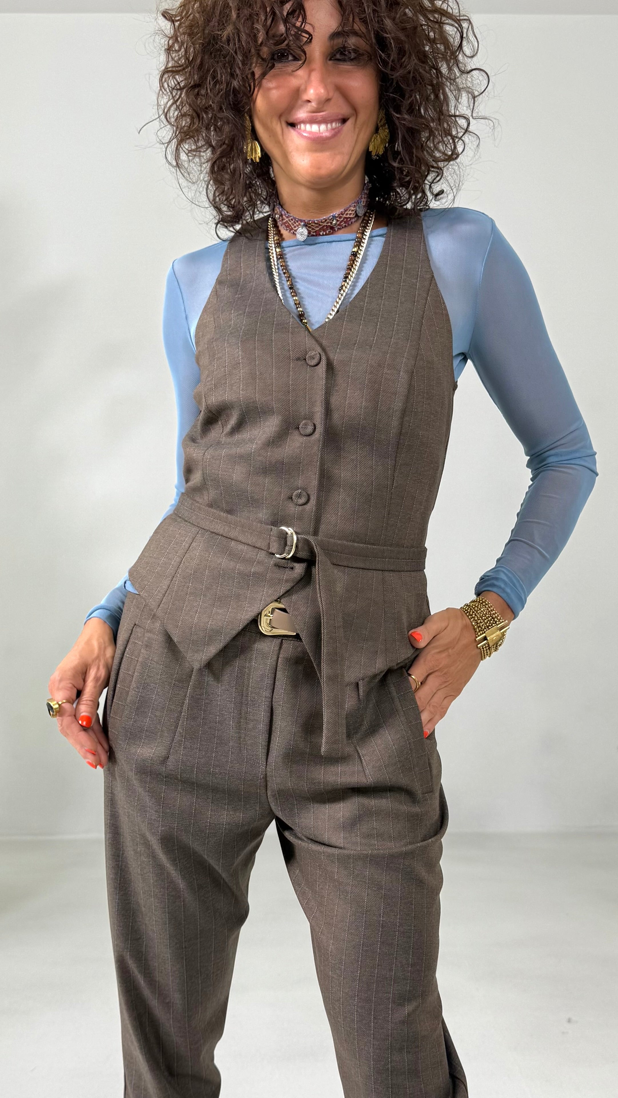 GILET IN FLANELLA GESSATA CON CINTURINO