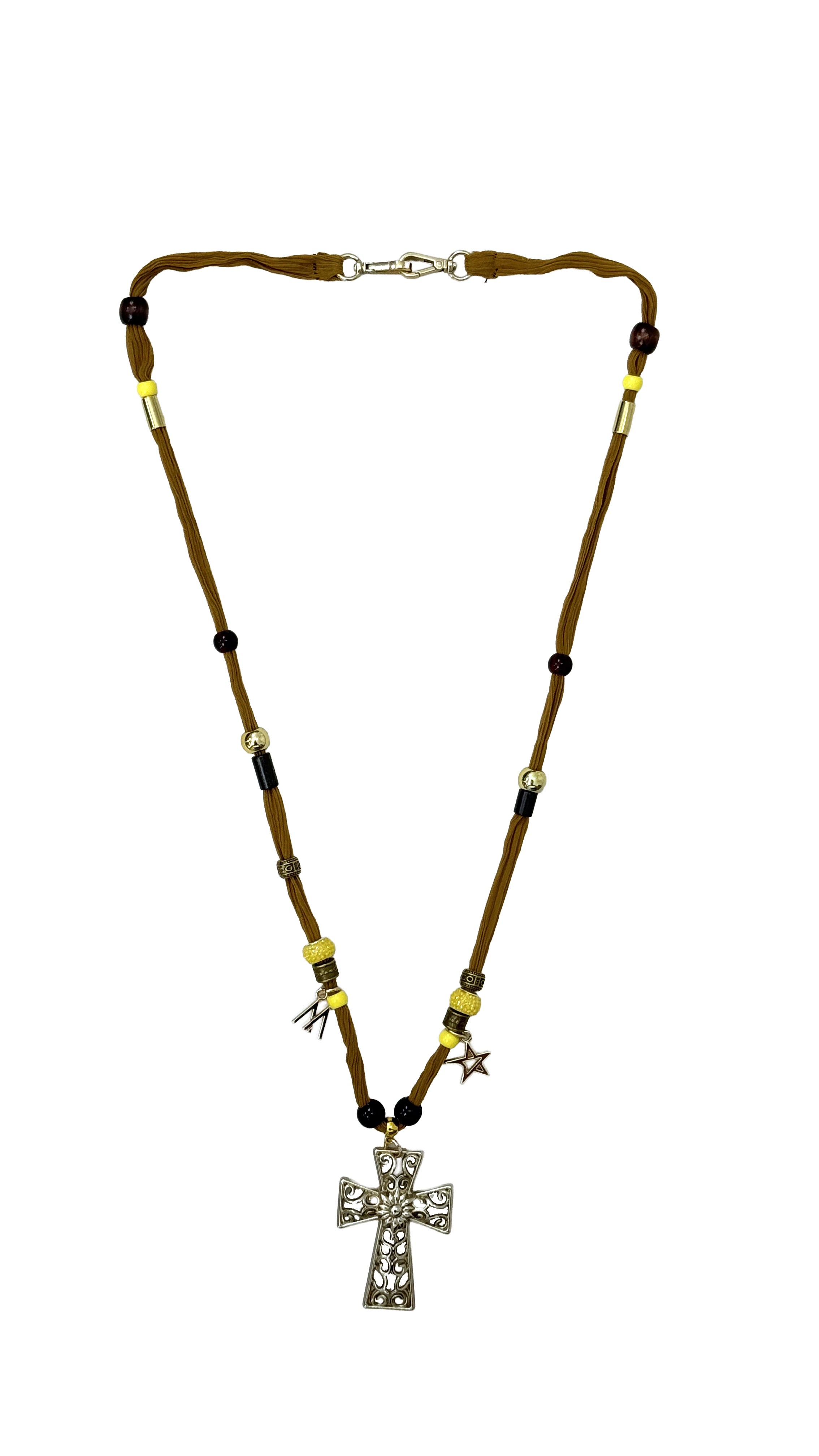 COLLANA IN TESSUTO CON PERLINE E CROCE